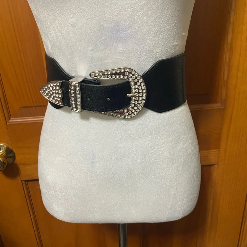 NWT Black Faux Leather Belt with Silver Embellishments Buckle